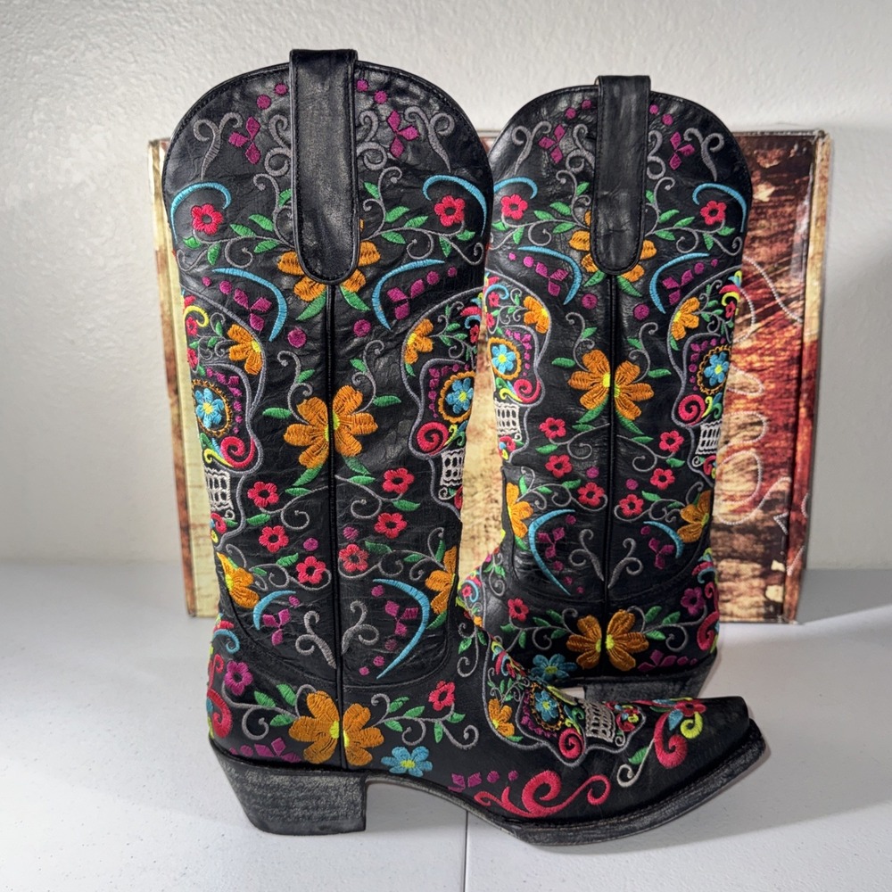 Old Gringo Black Sugar Skull Western Gothic Cowboy Boots 7.5 Dia De Los Muertos - Picture 3 of 16